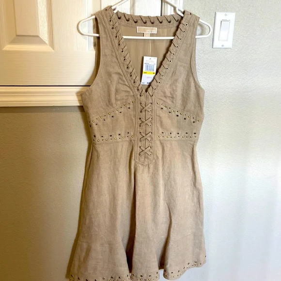 Michael Kors Lace-Up Washed Linen Dress Natural M